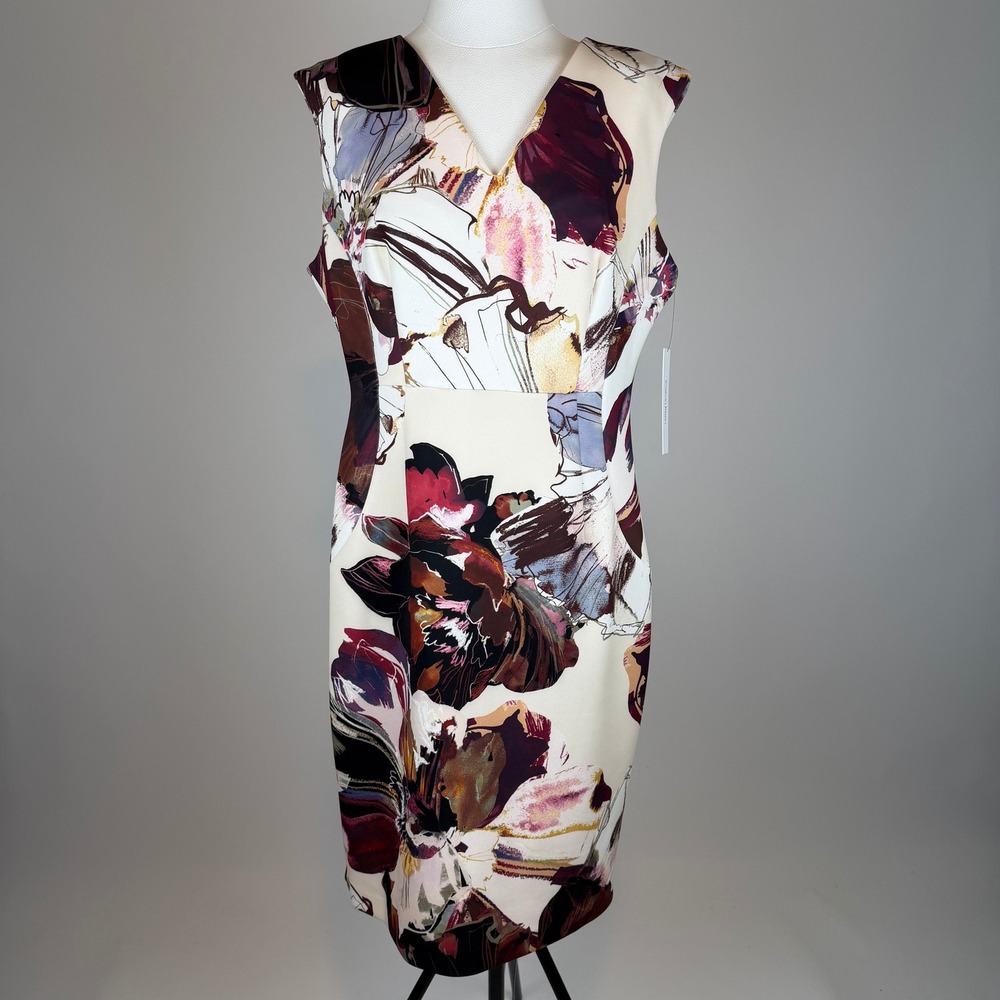 NWD Calvin Klein Cream Multi Floral Sleeveless V-Neck Sheath Dress Size 14 Party